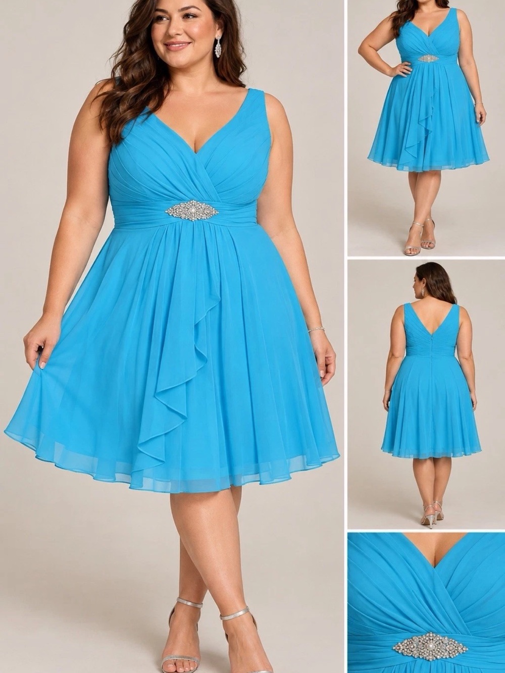 JJ's House Pool Blue Pleated Wedding Guest Cocktail Dress 24W Crystal Brooch NEW